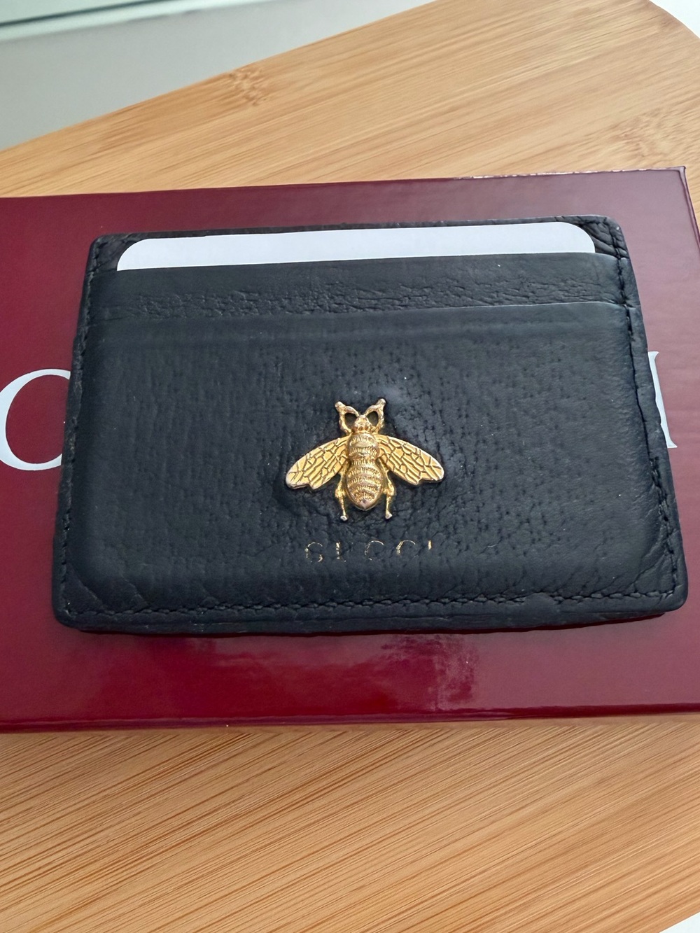 Gucci Black Leather Card Holder with Gold Bee Accent